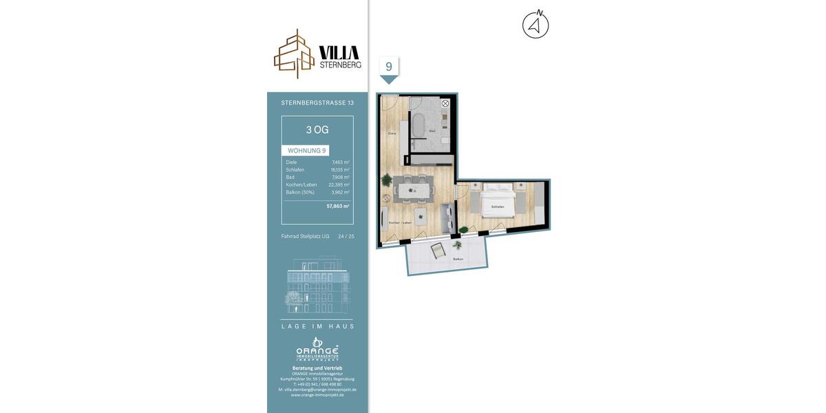 Etagenwohnung Regensburg Kumpfmühl - 2 Zimmer, 57 m&sup2;, 1.273&euro; | Angebot:26384433