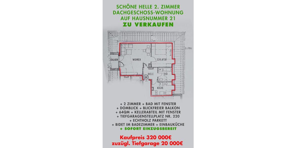 Dachgeschoßwohnung Regensburg Konradsiedlung - 2 Zimmer, 64 m&sup2;, 320.000&euro; | Angebot:26956356