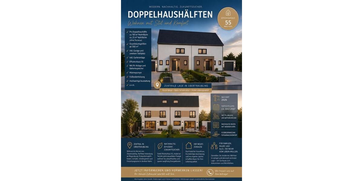 Doppelhaushälfte Obertraubling - 5 Zimmer, 180 m&sup2;, 889.000&euro; | Angebot:26753298