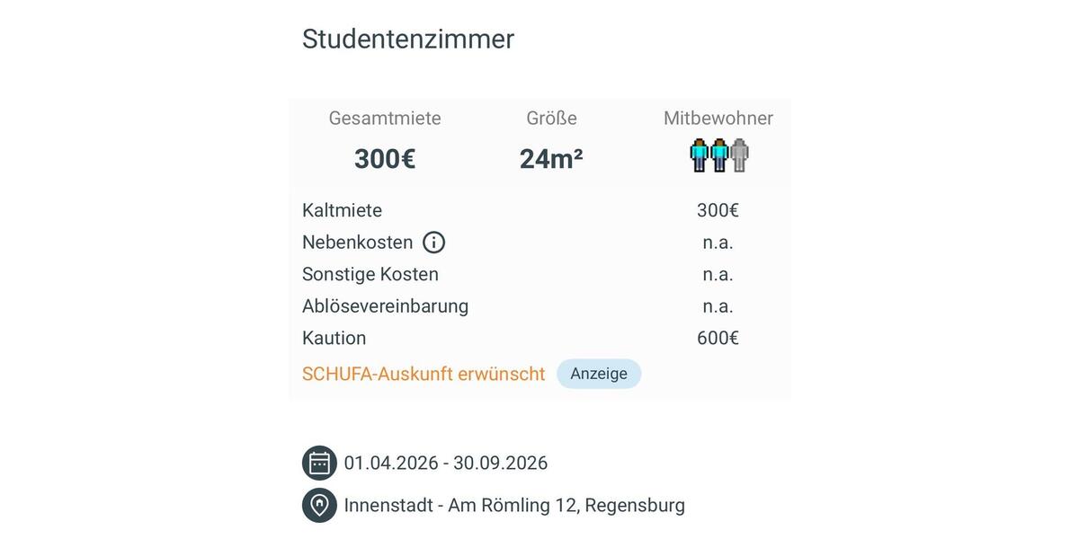 Etagenwohnung Regensburg Kumpfmühl - 1 Zimmer, 24 m&sup2;, 300&euro; | Angebot:25365866