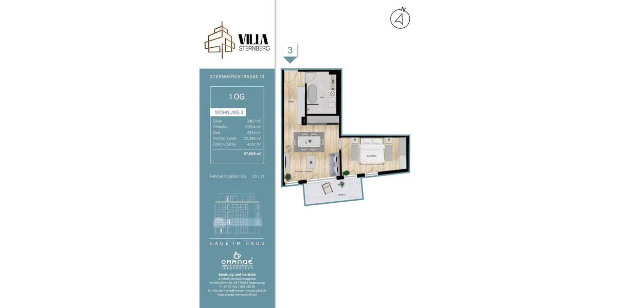 Etagenwohnung Regensburg Innenstadt - 2 Zimmer, 57 m&sup2;, 530.000&euro; | Angebot:24967189